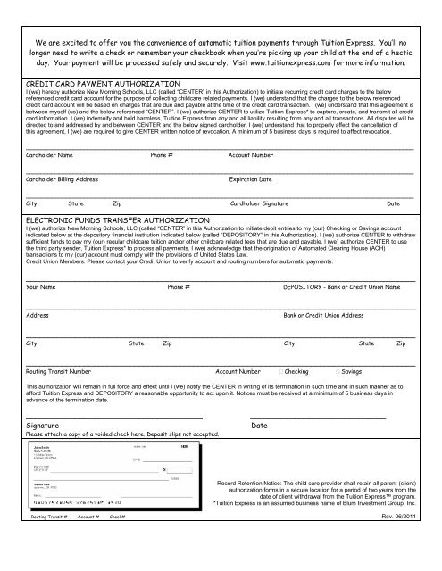 Preschool / Kindergarten Family Billing Form - New Morning Schools