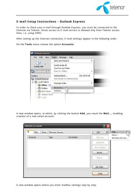 E-mail Setup Instructions - Outlook Express - Telenor