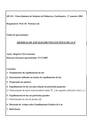 QP 433 - Físico-Química de Soluções de Polímeros e Surfatantes ...