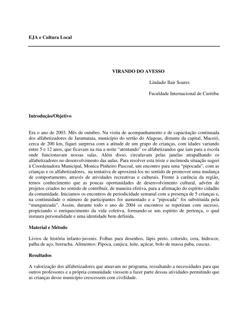 EJA e Cultura Local VIRANDO DO AVESSO Lindadir Ilair ... - Cereja