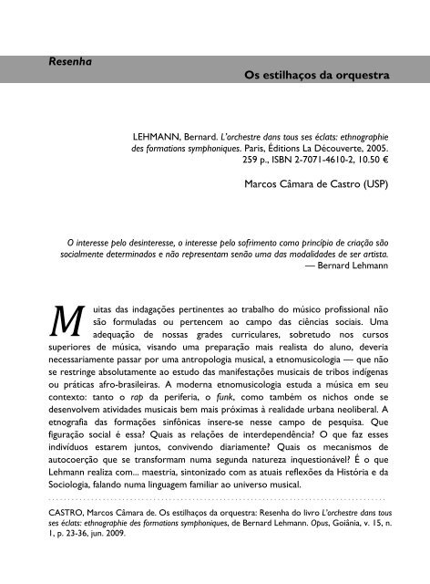 Os estilhaços da orquestra. Resenha do livro de - anppom