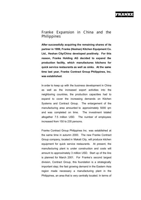 Franke Expansion In China And The Philippines