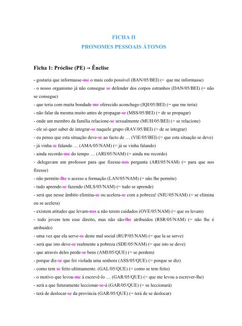 FICHA II – CLOCAÇÃO DOS PRONOMES PESSOAIS ÁTONOS