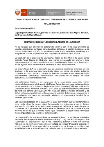 contaminacion con plomo en pobladores de lauricocha - Instituto ...