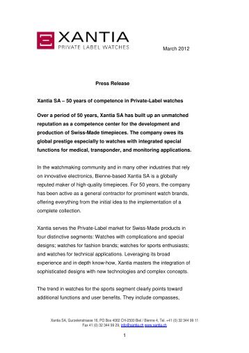 1 March 2012 Press Release Xantia SA – 50 years of ... - Xantia.ch