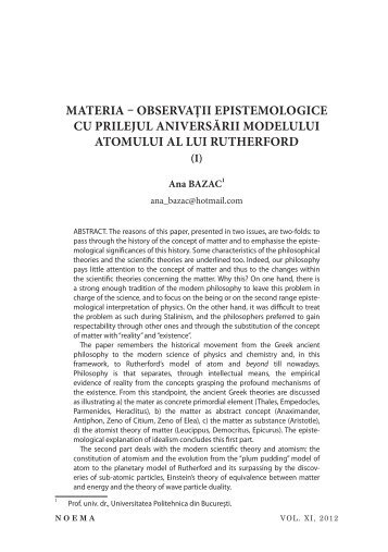 MATERIA – OBSERVAŢII EPISTEMOLOGICE CU ... - noema