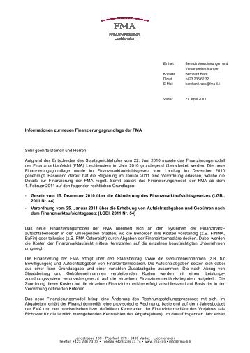 Informationen zur neuen Finanzierungsgrundlage der FMA Sehr ...