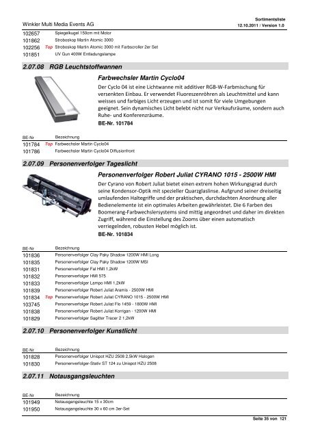 Liste de produits Range of products Sortimentsliste