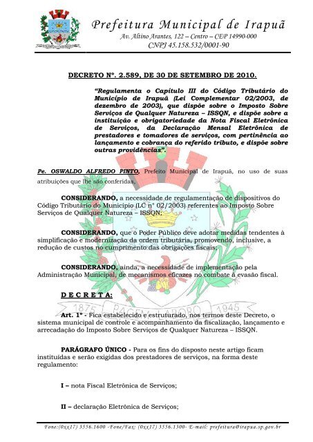 Decreto NFS-e timbre - prefeitura municipal de irapuã