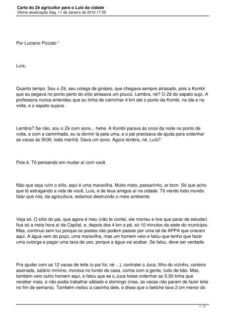 Carta do Zé agricultor para o Luis da cidade - Fetraece