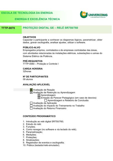 PROTEÇÃO DIGITAL GE – RELÉ SR750/760 TTTP-0070 ... - Cemig