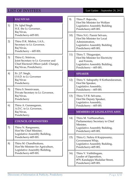 LIST OF INVITEES - Information and Publicity Department, Puducherry