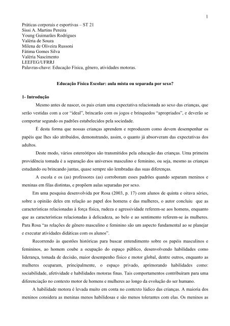 1 Práticas corporais e esportivas – ST 21 Sissi A. Martins Pereira ...