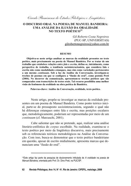 o discurso oral na poesia de manuel bandeira - CiFEFiL