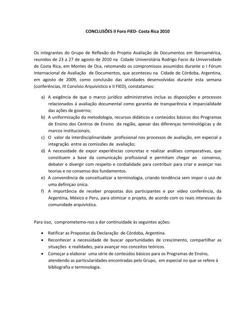 CONCLUSÕES II Foro FIED- Costa Rica 2010 Os ... - Blogs FFyH