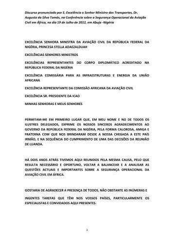 Discurso do Ministro dos Transportes em ABUJA - CNC Angola