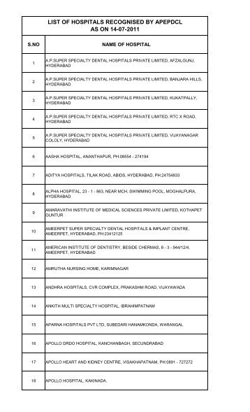List of the Hospitals recognised by APEPDCL