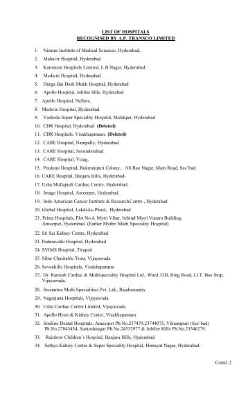 LIST OF HOSPITALS RECOGNISED BY A.P. TRANSCO LIMITED 1 ...