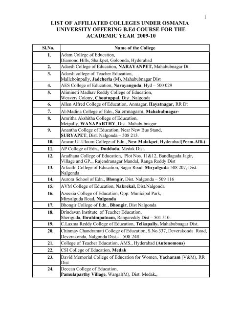 LIST OF AFFILIATED COLLEGES UNDER OSMANIA UNIVERSITY ...