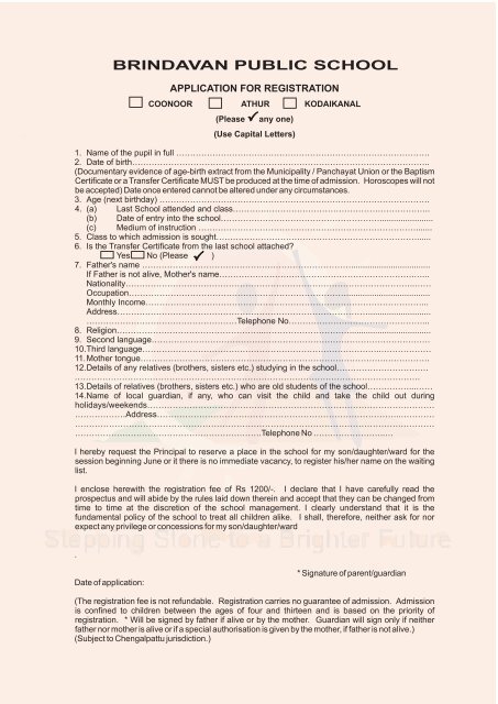 to download the Application form - Brindavan Public Schools