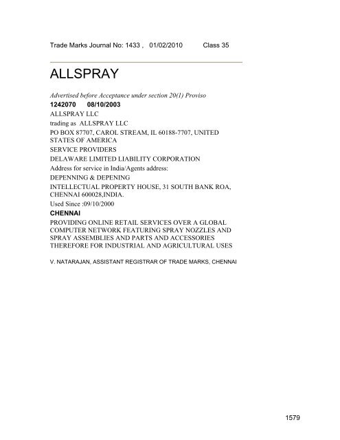ALLSPRAY - Controller General of Patents Designs and Trademarks