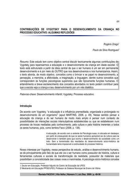 contribuições de vygotsky para o desenvolvimento da - FACEVV