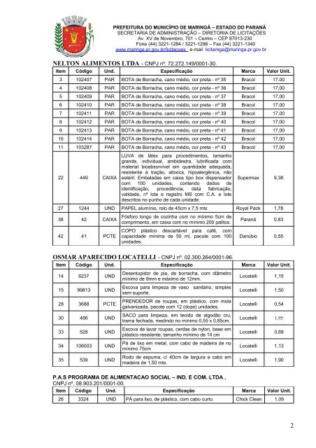 ATA DE REGISTRO DE PREÇOS Nº 006/2005 - Maringá