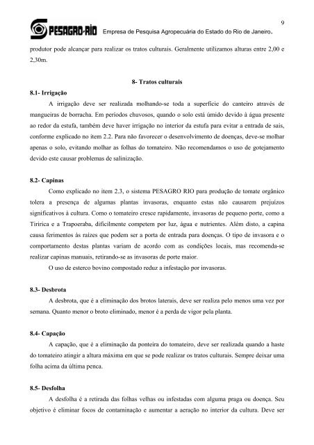 Sistema PESAGRO RIO para produção de tomate orgânico - Embrapa