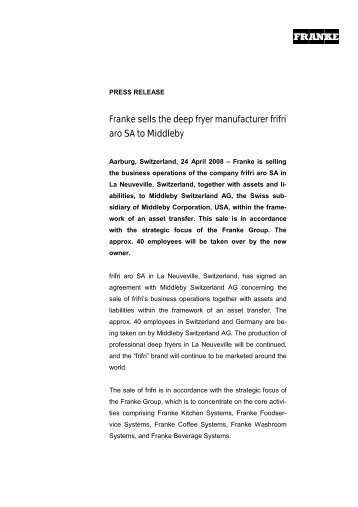 Franke sells the deep fryer manufacturer frifri aro SA to Middleby