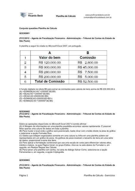 Planilha de Cálculo Página 1 Planilha de Cálculo - Prof. Ricardo Beck