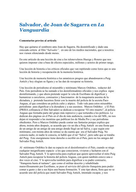 Salvador, de Joan de Sagarra en La Vanguardia - Paremos la ...