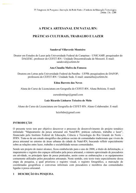 a pesca artesanal em natal/rn - IV CONNEPI 2009 a pesca artesanal em natal/rn - IV CONNEPI 2009