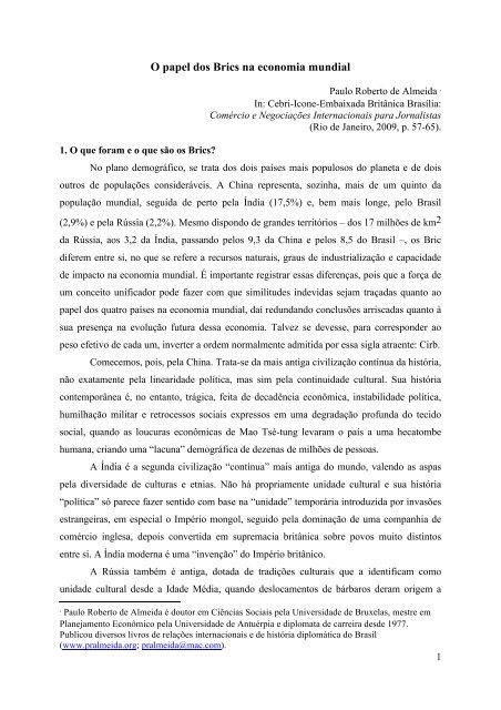 O papel dos Brics na economia mundial - Paulo Roberto de Almeida