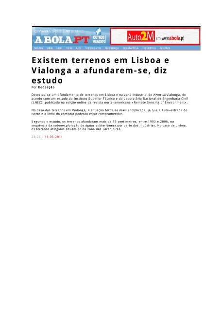 Existem terrenos em Lisboa e Vialonga a afundarem-se, diz estudo