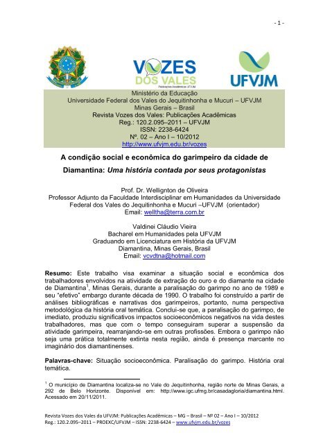 a condição social e econômica do garimpeiro da cidade de ... - UFVJM