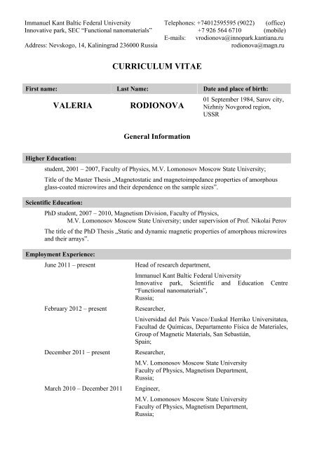 CURRICULUM VITAE VALERIA RODIONOVA - Journal of Basic and ...