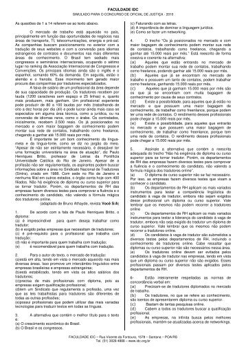 FACULDADE IDC As questões de 1 a 14 referem-se ao texto abaixo ...