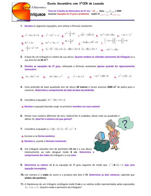 Microsoft word exercicio matemática com gabarito equações do 2º grau