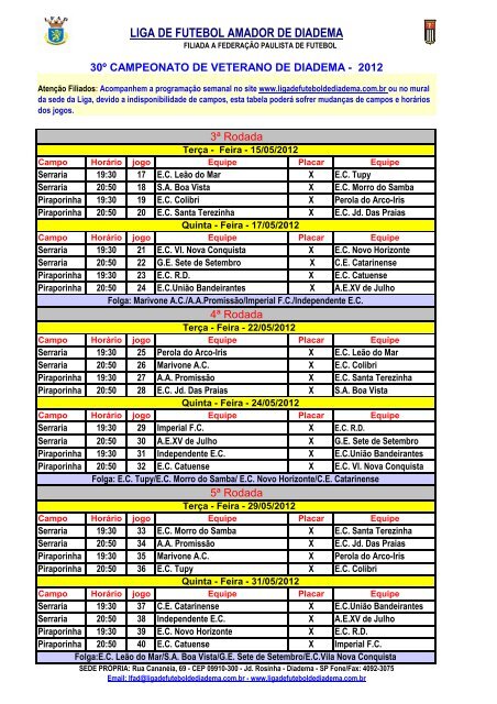 Tabela do Campeonato Veteranos de 2012 (3) - Liga de Futebol ...