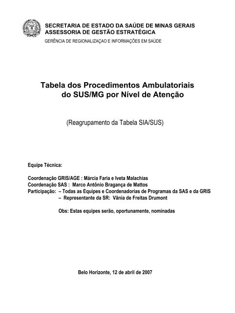 Tabela dos Procedimentos Ambulatoriais do SUS/MG por Nível de ...