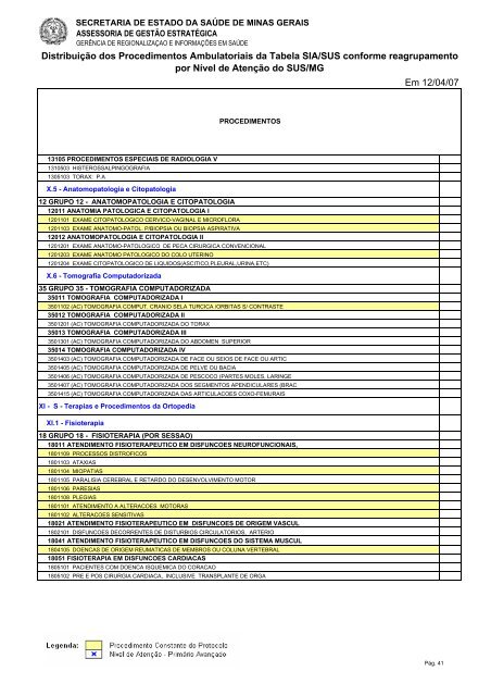 Tabela dos Procedimentos Ambulatoriais do SUS/MG por Nível de ...