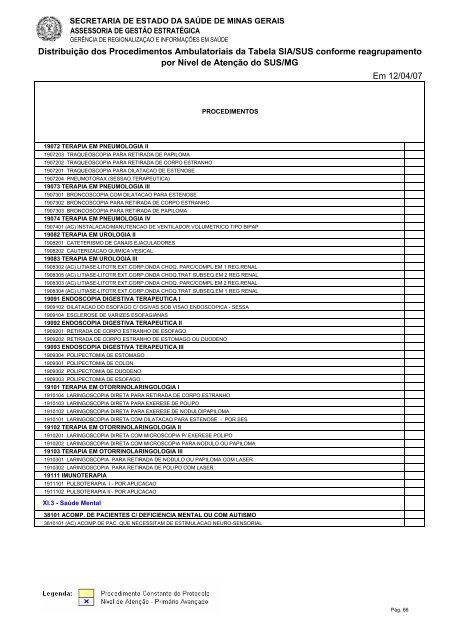 Tabela dos Procedimentos Ambulatoriais do SUS/MG por Nível de ...