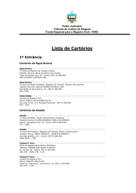 Lista de Cartórios - Tribunal de Justiça de Alagoas