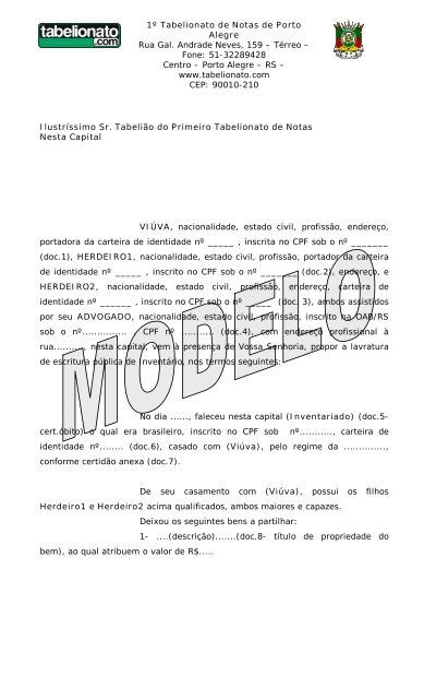 modelo de Petição - 1º Tabelionato de Notas de Porto Alegre