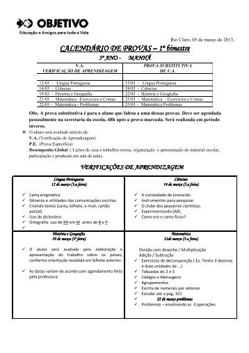 CALENDÁRIO DE PROVAS 1º bimestre - 3º ano - objetivo rio claro