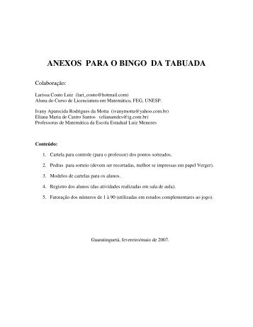 ANEXOS PARA O BINGO DA TABUADA - Desafios da sala de aula