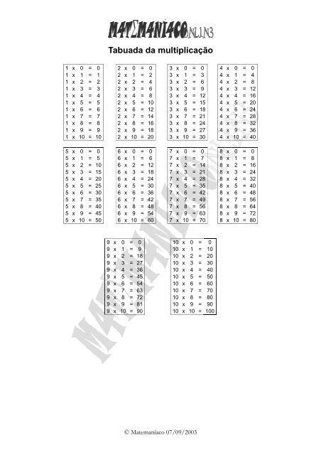 Tabuada da Multiplicação do 2 ao 9