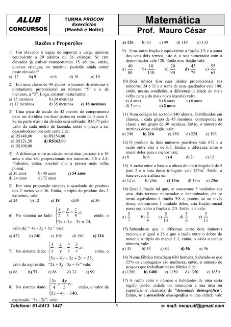 Exercícios Matemática - ALUB
