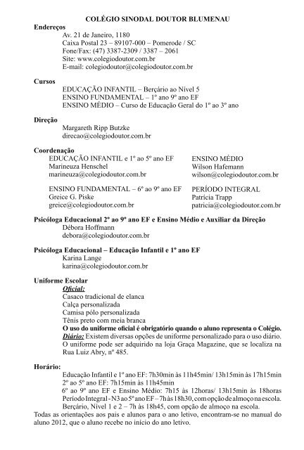 Calendário escolar 2012 - Conjunto Educacional Dr. Blumenau
