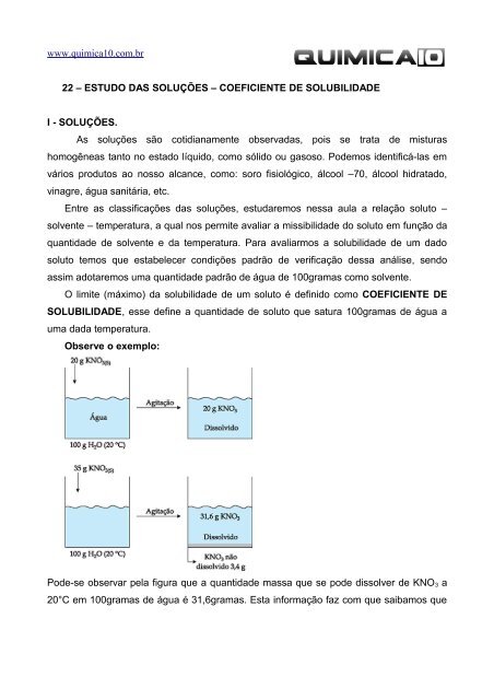 22 – ESTUDO DAS SOLUÇÕES – COEFICIENTE DE SOLUBILIDADE